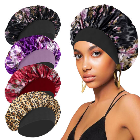 Picture of 4PCS Silk Bonnet for Sleeping,Satin Bonnets Hair Wrap Cap for Black Women Men for Curly Hair,Elastic Wide Band Hair Bonnet Print Shower Cap for Sleeping (Black & Wine Red & Purple & Leopard Pattern)