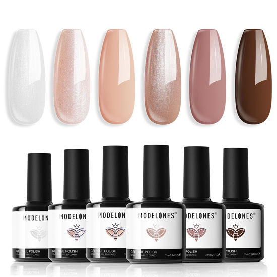 Picture of modelones Gel Nail Polish Set, 6 Colors Nude Hema Free Gel Polish Skin Tone Neutral Brown Pink Glitter Shimmer Nude Nail Polish Starter Kit Soak Off All Season Manicure DIY Salon Gift