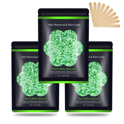 Picture of Wax Beads for Hair Removal 10.5 oz (300 g), Auperwel Hard Wax Beads for Sensitive Skin Brazilian, Face, Bikini, Eyebrow, Legs, Painless Waxing Beads for Women Men, 3 packs Wax Kit with 10 Wax Sticks
