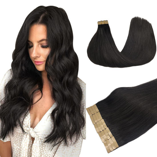 Picture of DOORES Tape in Hair Extensions Natural Black 14 Inch 20pcs 50g Remy Human Hair Extensions Tape in Seamless Real Hair Extensions Straight Tape in Natural Hair