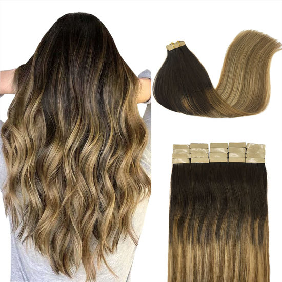 Picture of DOORES Tape in Hair Extensions Human Hair Balayage Dark Brown to Chestnut Brown and Dirty Blonde 18 Inch 50g 20pcs Real Natural Hair Extensions Tape in Remy Skin Weft Hair Extensions
