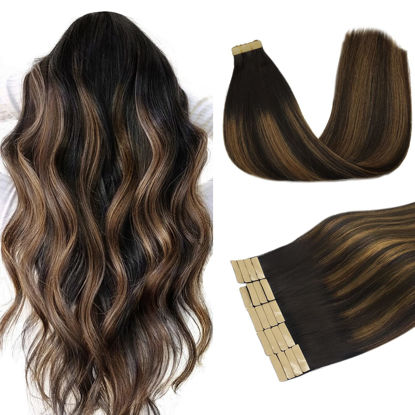 Picture of DOORES Human Hair Extensions Tape in Balayage Natural Black to Chestnut Brown 14 Inch 50g 20pcs Remy Hair Extensions Seamless Skin Weft Real Tape in Hair Extensions