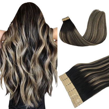 Picture of DOORES Human Hair Extensions Tape in Balayage Natural Black to Light Blonde 14 Inch 20pcs 50g Tape in Remy Human Hair Extensions Hair Extensions Straight