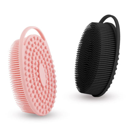 Picture of Soft Silicone Body Scrubber 2 PCS Silicone Body Shower, Silicone Loofah 2 in 1 Bath and Shampoo Brush, Body Scrubber Shower Cleaning Exfoliating Use for Sensitive Skin, Lather Well(Black and Pink)