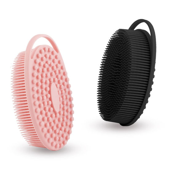 Picture of Soft Silicone Body Scrubber 2 PCS Silicone Body Shower, Silicone Loofah 2 in 1 Bath and Shampoo Brush, Body Scrubber Shower Cleaning Exfoliating Use for Sensitive Skin, Lather Well(Black and Pink)