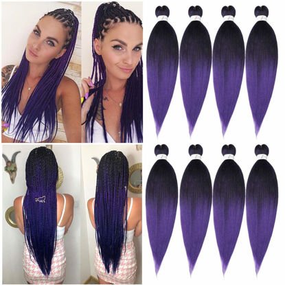Picture of Pre-Stretched Braiding Hair Extension Professional Crochet Braiding Hair 26''-8 Packs Hot Water Setting Perm Yaki Synthetic Hair for Twist Braids Ombre Black to Purple(26inch,#1B/Purple)