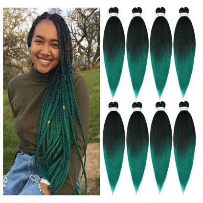 Picture of Pre-Stretched Braiding Hair Extensions Ombre Black to Green - 26 inch 8 Packs Synthetic Crochet Braids, Hot Water Setting Professional Soft Yaki Texture (26inch,#1B/Green)