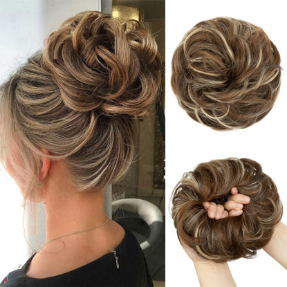 Picture of CJL HAIR Large Messy Bun Hair Piece Wavy Curly Scrunchies Synthetic Chignon Ponytail Hair Extensions Thick Updo Hairpieces for Women Nut Multi