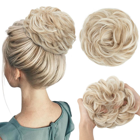 Picture of CJL HAIR Large Messy Bun Hair Piece Wavy Curly Scrunchies Synthetic Chignon Ponytail Hair Extensions Thick Updo Hairpieces for Women Cream Blonde