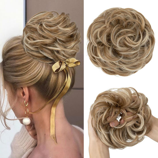 Picture of CJL HAIR Large Messy Bun Hair Piece Wavy Curly Scrunchies Synthetic Chignon Ponytail Hair Extensions Thick Updo Hairpieces for Women Sahara Beige