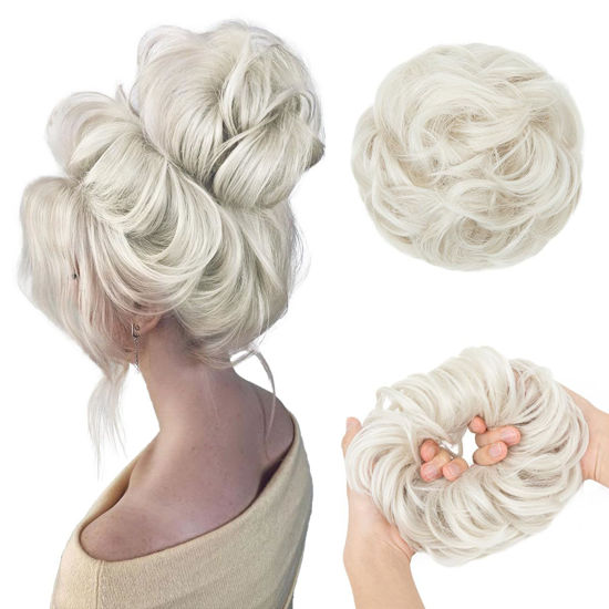 Picture of CJL HAIR Large Messy Bun Hair Piece Wavy Curly Scrunchies Synthetic Chignon Ponytail Hair Extensions Thick Updo Hairpieces for Women Ice Blonde
