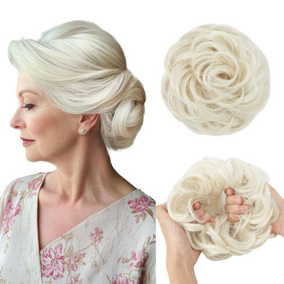 Picture of CJL HAIR Large Messy Bun Hair Piece Wavy Curly Scrunchies Synthetic Chignon Ponytail Hair Extensions Thick Updo Hairpieces for Women Platin Blonde