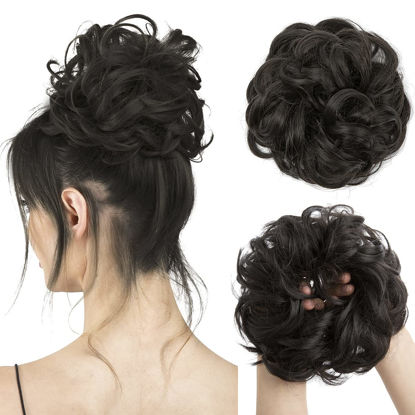 Picture of CJL HAIR Large Messy Bun Hair Piece Wavy Curly Scrunchies Synthetic Chignon Ponytail Hair Extensions Thick Updo Hairpieces for Women Brown Black