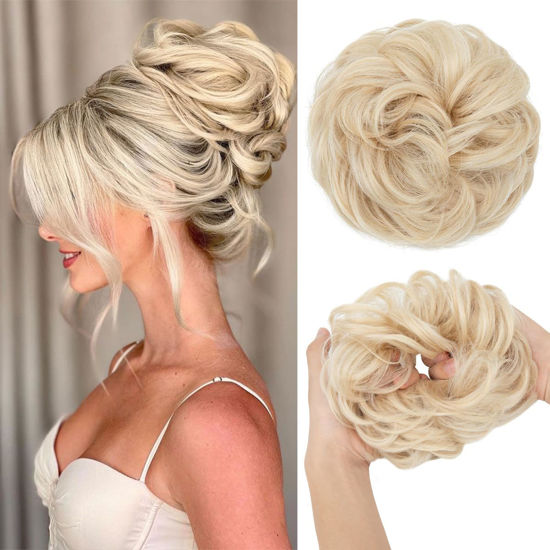 Picture of CJL HAIR Large Messy Bun Hair Piece Wavy Curly Scrunchies Synthetic Chignon Ponytail Hair Extensions Thick Updo Hairpieces for Women Light Champagne