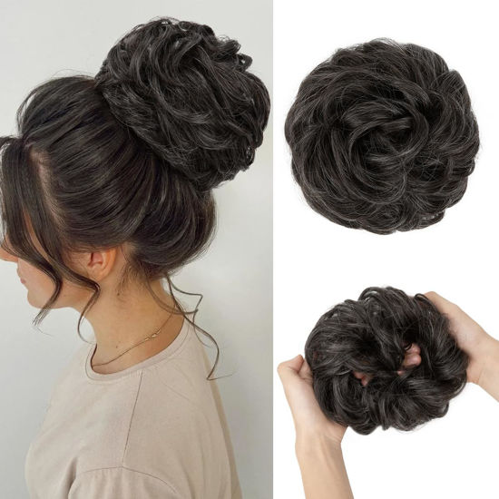 Picture of CJL HAIR Large Messy Bun Hair Piece Wavy Curly Scrunchies Synthetic Chignon Ponytail Hair Extensions Thick Updo Hairpieces for Women Pepper Grey