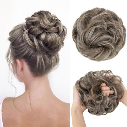 Picture of CJL HAIR Large Messy Bun Hair Piece Wavy Curly Scrunchies Synthetic Chignon Ponytail Hair Extensions Thick Updo Hairpieces for Women Middle Grey