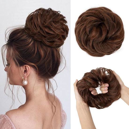 Picture of CJL HAIR Large Messy Bun Hair Piece Wavy Curly Scrunchies Synthetic Chignon Ponytail Hair Extensions Thick Updo Hairpieces for Women Red Vino