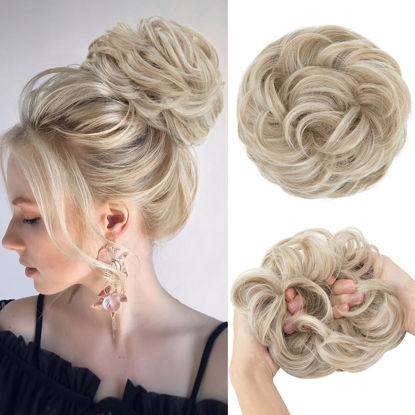 Picture of CJL HAIR Large Messy Bun Hair Piece Wavy Curly Scrunchies Synthetic Chignon Ponytail Hair Extensions Thick Updo Hairpieces for Women Ivory Grey
