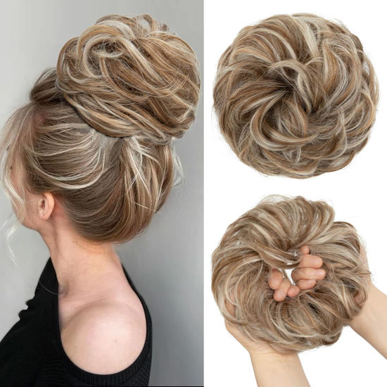 Picture of CJL HAIR Large Messy Bun Hair Piece Wavy Curly Scrunchies Synthetic Chignon Ponytail Hair Extensions Thick Updo Hairpieces for Women Beige Multi