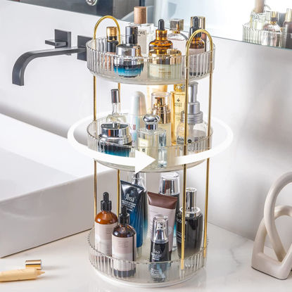 Picture of shuang qing Rotating Makeup Organizer for Vanity 3 Tier, High-Capacity Skincare Clear Make Up Storage Perfume Organizers Cosmetic Dresser Organizer Countertop 360 Spinning （Clear）