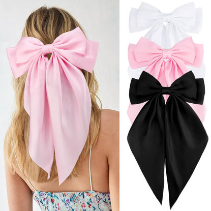 Picture of Velscrun Hair Bows for Women Girls 3Pcs White Pink Black Silky Satin Large Bows Hair Clip Oversized Hair Ribbons Long Tail Big Hair Bows Accessories