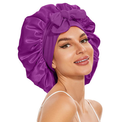 Picture of Satin Bonnet for Sleeping, Silk Bonnet for Sleeping Women, Double-layer Satin Bonnet with Tie Band Purple