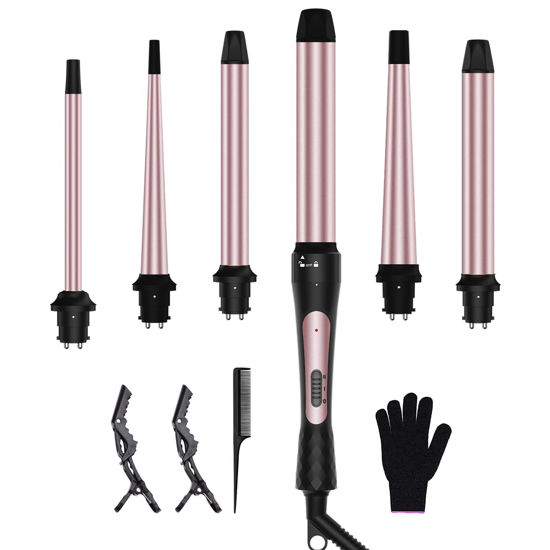 Picture of 6 in 1 Curling Iron, 6 Interchangeable PTC Ceramic Barrels (0.35"-1.25"), Curling Wand Set for Long/Short Hair, 2 Temp Heating Setting, Contain Comb & Protective Glove & 2 Clips