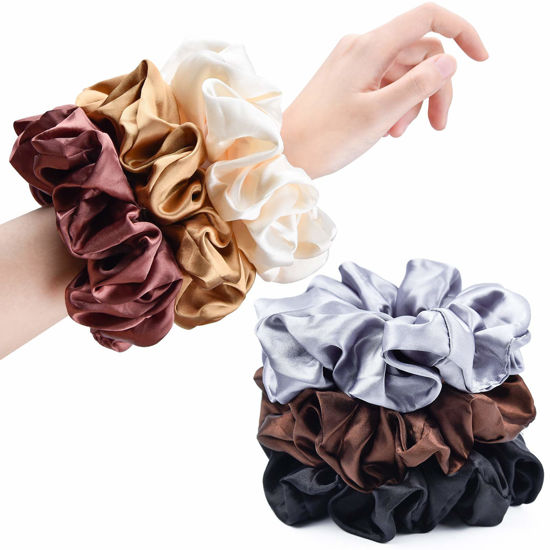 Picture of CEELGON Brown Black Big Satin Scrunchies for Women 6.3Inches Large Scrunchie Coffee Satin Oversized Thick Elastic Hair Ties Jumbo Hair Scrunchies 6 Pack (black,coffee, champagne,brown,grey,dark brown)
