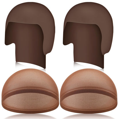 Picture of WILLBOND 4 Pcs Halloween Bald Caps Makeup Latex Bald Head Wig Cap Bald Hat Costume Accessories for Adults(Dark Brown,Classic Style)