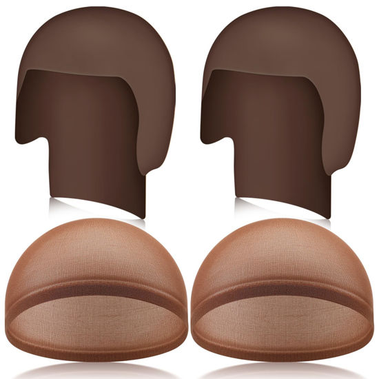 Picture of WILLBOND 4 Pcs Halloween Bald Caps Makeup Latex Bald Head Wig Cap Bald Hat Costume Accessories for Adults(Dark Brown,Classic Style)