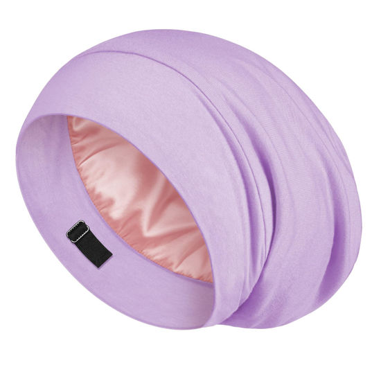 Picture of LULUSILK Mulberry Silk Lined Sleep Cap, No More Frizzy Tangled Hair, Stay On All Night Silk Hair Wrap for Sleeping with Adjustable Strap, Silk Bonnet for Women and Men, Lavender, Pack of 1