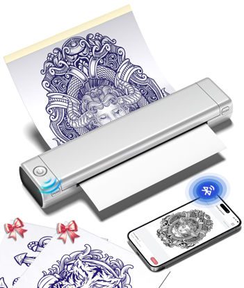 Picture of Phomemo M08F Tattoo Stencil Printer Bluetooth, Inkless Tattoo Printer Machine with 10pcs Tattoo Transfer Paper, Portable Stencil Printer for Tattooing, Compatible with Smartphone & PC, Silver