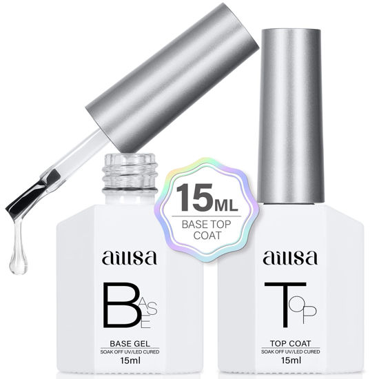 Picture of AILLSA Base and Top Coat Gel Nail Polish Top Coat and Base Coat Gel Polish Soak Off Long Lasting Clear Base Gel High Gloss Shine No Wipe Top Coat for DIY Nail Art at Home 0.51 Fl Oz