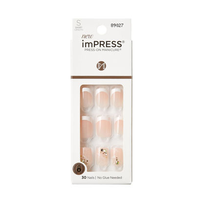 Picture of KISS imPRESS No Glue Mani Press On Nails, Design, 'My Worth', White, Short Size, Squoval Shape, Includes 30 Nails, Prep Pad, Instructions Sheet, 1 Manicure Stick, 1 Mini File