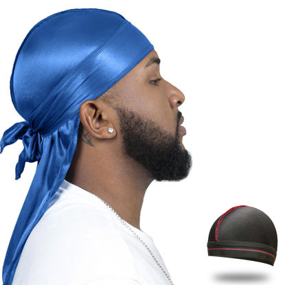 Picture of ForceWave Silky Durag for Men Wave Cap Satin Dorag for Men Women 360 Wave (Peacock Blue)