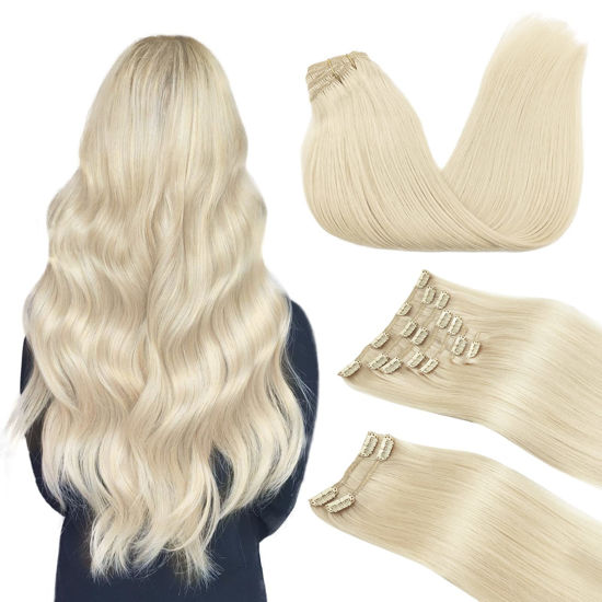 Picture of DOORES Hair Extensions Real Human Hair Clip in, Platinum Blonde 18 Inch 150g 9pcs, Remy Hair Extensions Clip in Human Hair Human Hair Extensions Clip ins Silky Straight Thick Real Hair