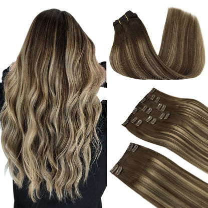 Picture of DOORES Clip in Hair Extensions Real Human Hair, Balayage Chocolate Brown to Honey Blonde 150g 18 Inch 9pcs, Hair Extensions Real Human Hair Remy Clip in Hair Extensions Thick Hair Extensions