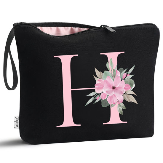 Picture of Vavabox A-Z Personalized Makeup Bag,Birthday Gifts for Women Mom,Gifts for Best Friend,Bride Bridesmaid Cosmetic bag (H, Black)