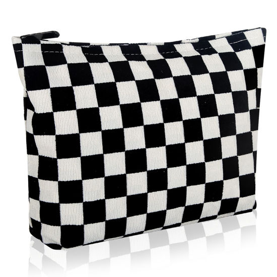Picture of Wudimeitt Cosmetic bag Makeup bag Preppy Cute Corduroy Toiletry bag for women travel essentials (Plaid black)