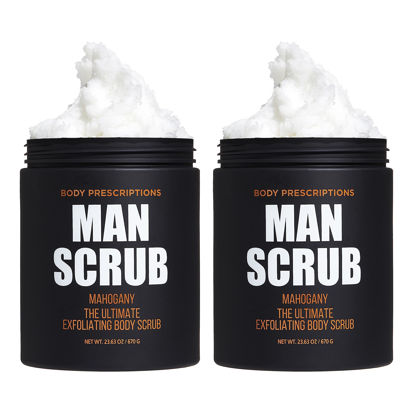 Picture of Body Prescriptions Men’s Exfoliating Body Scrub - Ultimate Skin Cleansing Wash in Jar with Twist-Top Lid, For All Skin Types, 21 Ounce (Pack of 2), Mahogany