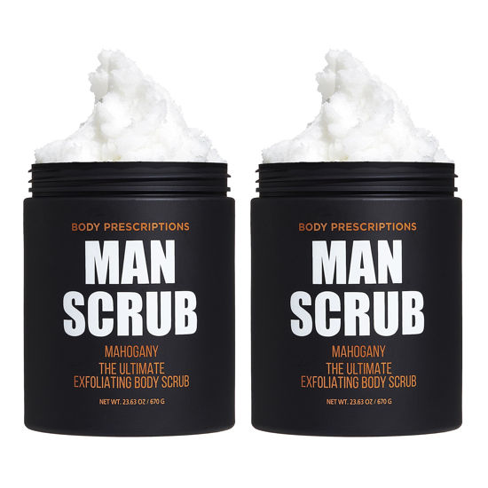Picture of Body Prescriptions Men’s Exfoliating Body Scrub - Ultimate Skin Cleansing Wash in Jar with Twist-Top Lid, For All Skin Types, 21 Ounce (Pack of 2), Mahogany