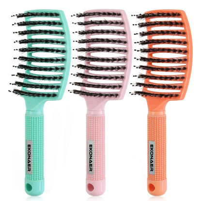 Picture of EKONAER 3 Pack Vented Quick Drying Massage Blow Detangler Brush,Boar Bristle Hair Brush Set-Curved,Detangling Hair Brush for Women Long,Thick, Thin, Curly(Green)