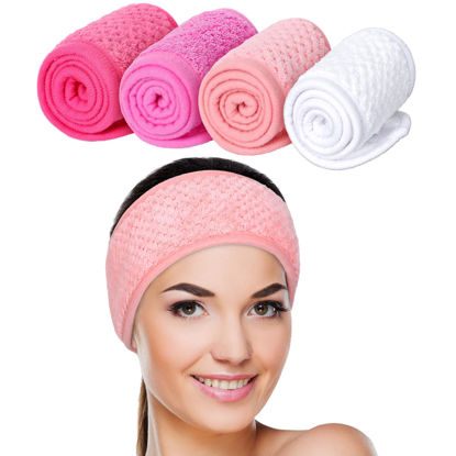 Picture of Whaline 4 Pack Spa Facial Headband Makeup Hair Wrap Adjustable Hair Band Soft Towel Head Band for Face Washing Shower Sports Yoga (White, Pink, Peach Pink, Hot Pink)