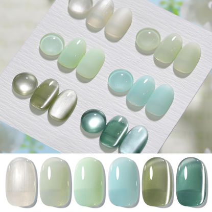 Picture of Born Pretty Cat Magnetic Eye Gel Nail Polish Set Jelly Green Glitter Holographic Magnetic Gel Spring Summer Transparent Sheer Colors Gel Nail Kit for Salon Gel Manicure Nail Art DIY at Home 6 Colors