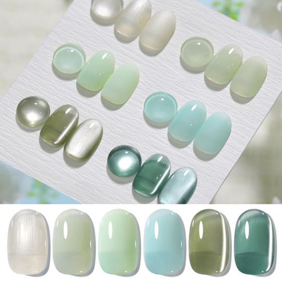 Picture of Born Pretty Cat Magnetic Eye Gel Nail Polish Set Jelly Green Glitter Holographic Magnetic Gel Spring Summer Transparent Sheer Colors Gel Nail Kit for Salon Gel Manicure Nail Art DIY at Home 6 Colors