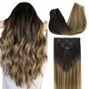 Picture of DOORES Balayage Hair Extensions Clip in Dark Brown Fading to Chestnut Brown and Dirty Blonde Natural Clip in Human Hair Extensions Straight Thick 24 Inch 120g 7pcs