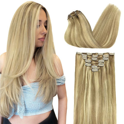 Picture of DOORES Human Hair Extensions Clip in Balayage Light Blonde Highlighted Golden Blonde 18 Inch 120g 7pcs Clip in Hair Extensions Natural Straight Hair Extensions