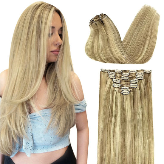 Picture of DOORES Hair Extensions Clip in Balayage Light Blonde Highlighted Golden Blonde 7pcs 24 Inch Clip in Human Hair Extensions Remy Natural Hair Extensions Straight Thick 120g