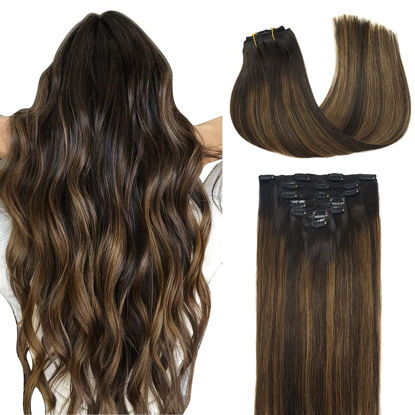 Picture of DOORES Clip in Hair Extensions Balayage Dark Brown to Chestnut Brown 120g 7pcs 16 Inch Remy Human Hair Extensions Clip in Real Hair Extensions Straight