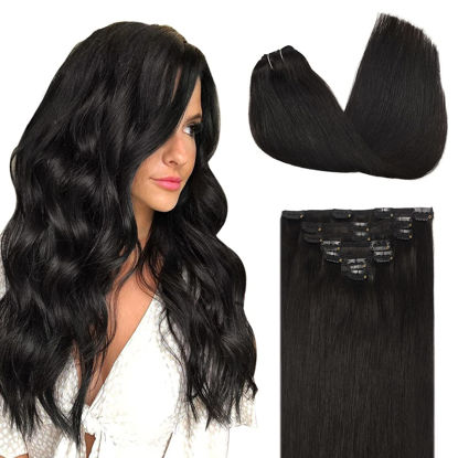 Picture of DOORES Clip in Hair Extensions Natural Black 120g 7pcs 16 Inch Real Human Hair Extensions Clip in Straight Natural Hair Extensions Clip in Remy Extensions